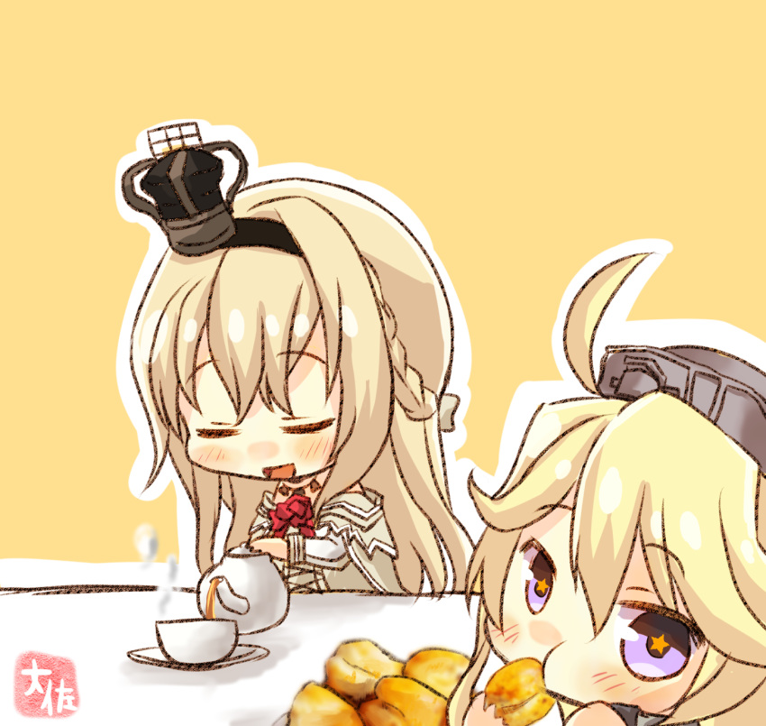 10s 2girls artist_name blonde_hair blue_eyes braid chibi commentary crown cup dress eating flower french_braid hairband headgear highres iowa_(kantai_collection) kantai_collection logo long_hair long_sleeves looking_at_viewer mini_crown multiple_girls off-shoulder_dress off_shoulder pouring red_ribbon red_rose ribbon rose scone star star-shaped_pupils symbol-shaped_pupils taisa_(kari) tea_set teacup teapot warspite_(kantai_collection) white_dress yellow_background