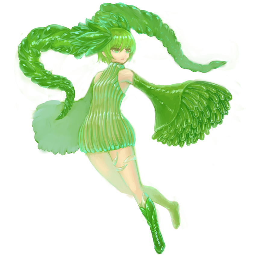 1girl artist_request bare_shoulders boots eyebrows_visible_through_hair green_eyes green_hair highres living_clothes original short_hair skirt sleeves_past_wrists tentacle tentacle_clothes white_background wide_sleeves