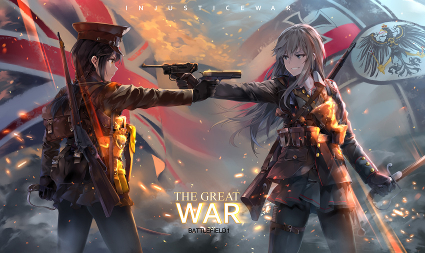 2girls battlefield_(series) battlefield_1 black_gloves blue_eyes commentary_request german_flag gloves gun handgun hat highres long_hair m1911 military military_hat military_uniform multiple_girls neko_(yanshoujie) revolver rifle short_hair standing sword uniform union_jack weapon world_war_i