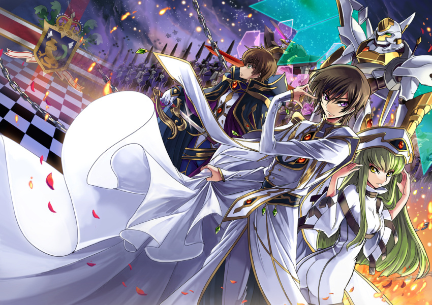 1girl 2boys ass black_hair bodysuit c.c. chains checkered checkered_floor code_geass dutch_angle fire float floating_hair gloves green_hair hair_between_eyes holding holding_sword holding_weapon kururugi_suzaku lelouch_lamperouge long_hair looking_at_viewer mecha multiple_boys pants parted_lips sheath shida_(xwheel) sword uniform unsheathing very_long_hair violet_eyes weapon white_bodysuit white_gloves white_pants yellow_eyes