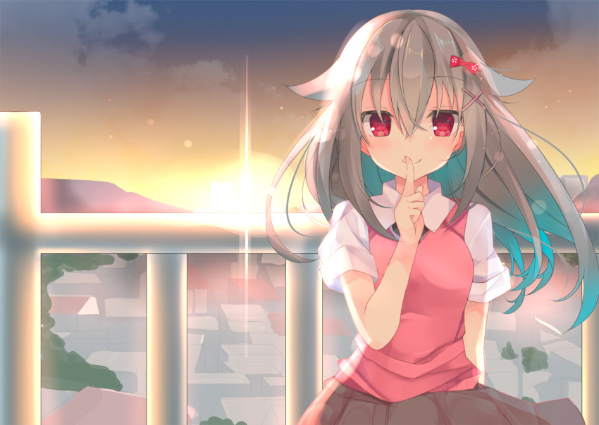 1girl bangs black_skirt blouse blush bow closed_mouth evening eyebrows_visible_through_hair finger_to_mouth grey_hair hair_between_eyes hair_bow hair_flaps hair_ornament index_finger_raised long_hair looking_at_viewer original outdoors pink_bow railing red_eyes satsuki_mayuri short_sleeves shushing skirt smile solo standing sweater_vest upper_body white_blouse x_hair_ornament