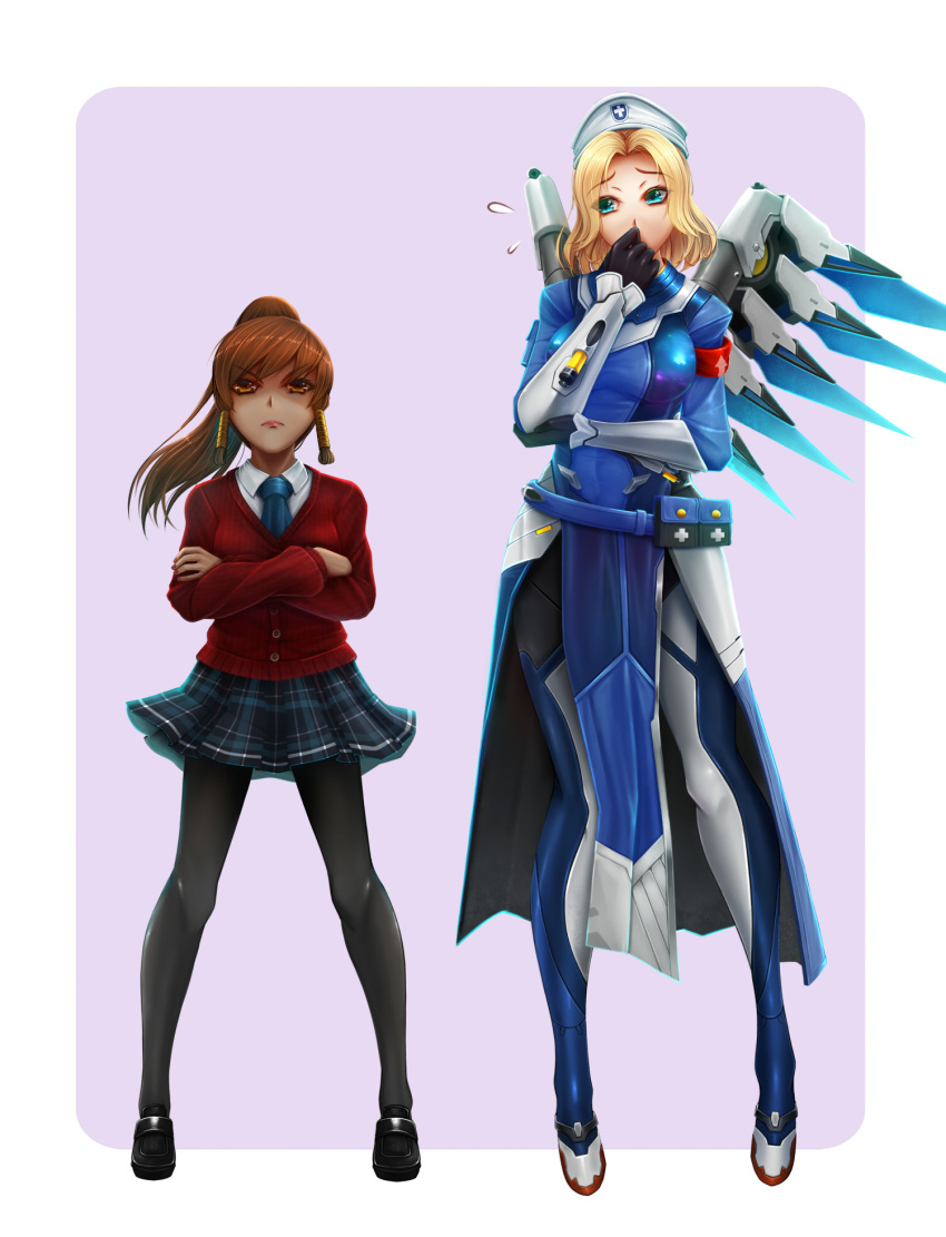 2girls alternate_costume alternate_hairstyle armband bangs belt black_shoes blonde_hair blue_bodysuit blue_eyes blue_necktie blue_wings bodysuit breasts brown_eyes brown_hair cardigan child collared_shirt combat_medic_ziegler covering_mouth crossed_arms dark_skin eyebrows_visible_through_hair eyes_visible_through_hair facing_viewer flying_sweatdrops full_body hair_tubes hand_to_own_mouth highres legs_apart loafers long_sleeves looking_at_another mechanical_wings medium_breasts medium_hair mercy_(overwatch) multiple_girls necktie oldlim overwatch pantyhose pharah_(overwatch) plaid plaid_skirt ponytail pouch purple_background school_uniform serious shirt shoes short_hair side_braids side_glance simple_background skirt standing teenage utility_belt white_border white_shirt wings younger