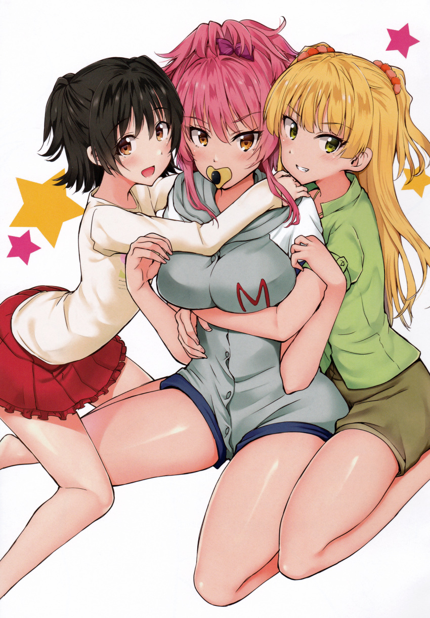 3girls :d absurdres age_difference akagi_miria bangs bare_legs barefoot black_hair blonde_hair blue_shorts bow breasts brown_eyes brown_hair brown_shorts buttons eyebrows_visible_through_hair eyelashes fingernails green_eyes green_shirt grin hair_between_eyes hair_bow hair_ornament hair_scrunchie hands_up highres hood hood_down hoodie hug huge_filesize idolmaster idolmaster_cinderella_girls jougasaki_mika jougasaki_rika kazuchi kneeling large_breasts long_fingernails long_hair long_sleeves looking_at_viewer miniskirt multiple_girls nail_polish open_mouth pacifier pink_hair pink_nails ponytail purple_bow red_skirt scan scrunchie shirt short_hair short_shorts short_sleeves shorts siblings simple_background sisters sitting skirt small_breasts smile star teeth tied_hair two_side_up wariza white_background white_shirt