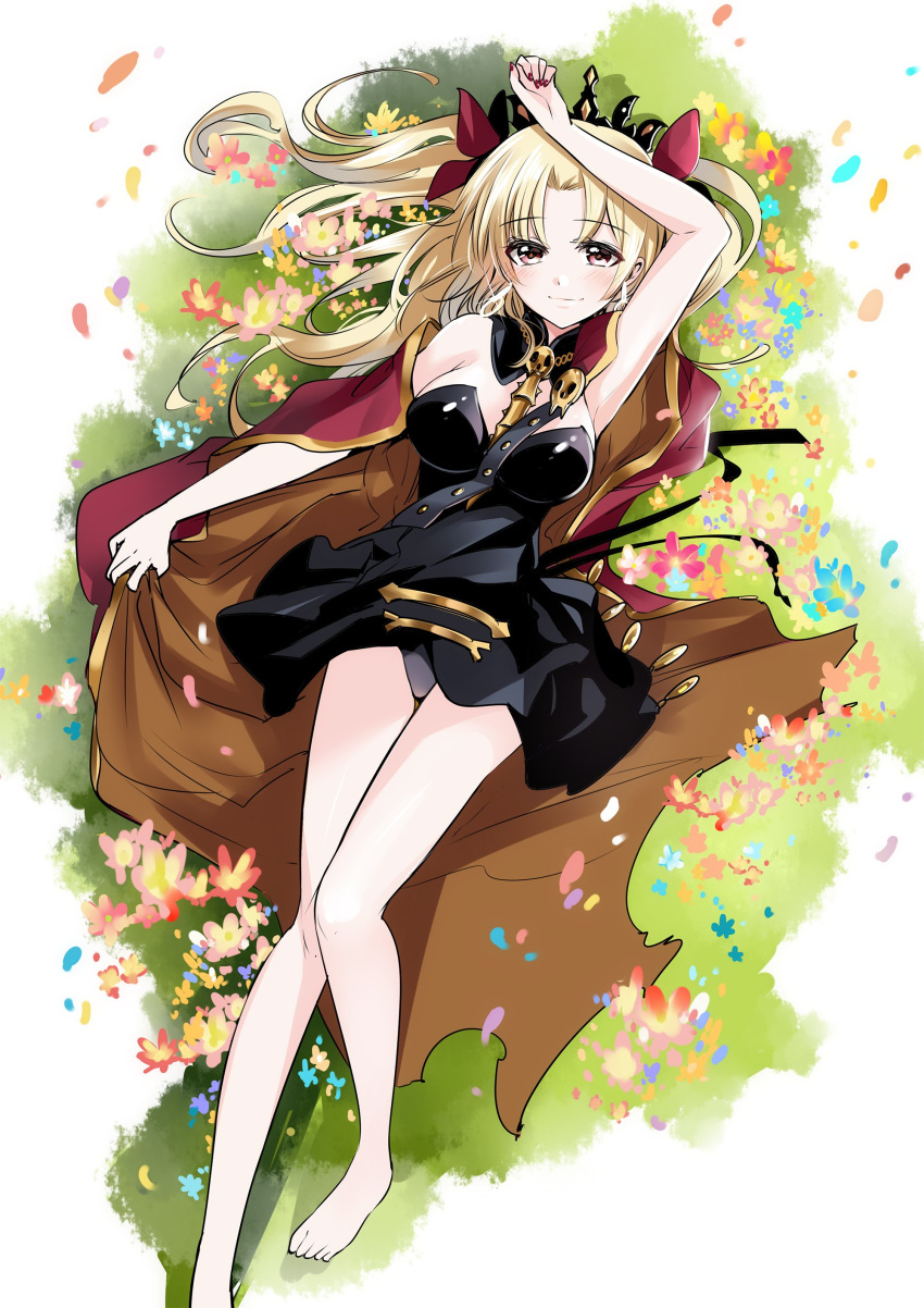 1girl absurdres arm_up bare_shoulders barefoot black_dress blonde_hair blush breasts brown_eyes cape dress ereshkigal_(fate/grand_order) eyebrows_visible_through_hair fate/grand_order fate_(series) from_above full_body grey_panties hair_ribbon highres large_breasts long_hair looking_at_viewer lying on_back panties red_ribbon ribbon short_dress simple_background sleeveless sleeveless_dress smile solo strapless strapless_dress tate tate_(donnguriumai) tohsaka_rin toosaka_rin underwear white_background