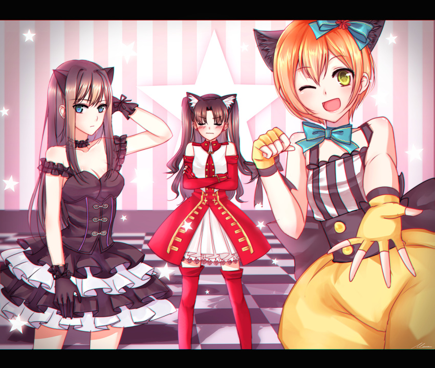 3girls animal_ears black_dress black_gloves black_gothic_dress_(idolmaster) black_hair blush cat_ears checkered checkered_floor choker commentary crossed_arms crossover dress elbow_gloves fate/hollow_ataraxia fate/stay_night fate_(series) fingerless_gloves frills gloves green_eyes hand_in_hair hoshizora_rin idolmaster idolmaster_cinderella_girls kaleido_ruby letterboxed long_hair looking_at_viewer love_live! love_live!_school_idol_festival love_live!_school_idol_project meaomao multiple_girls namesake one_eye_closed orange_hair outstretched_hand paw_pose puffy_shorts red_dress red_gloves red_legwear ribbon_choker shibuya_rin shorts smile star striped striped_background thigh-highs tohsaka_rin two_side_up vertical_stripes yellow_eyes
