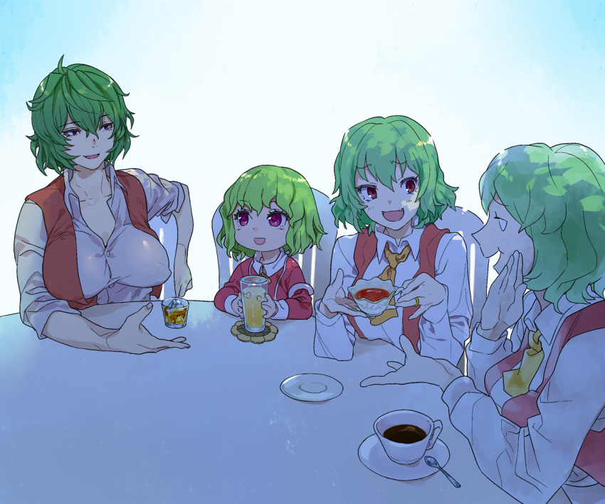 4girls 57.7kg :d ascot bangs breasts buttons chair collared_shirt commentary_request cookie_(touhou) cup drinking_glass erect_nipples eyebrows_visible_through_hair fang green_hair hair_between_eyes hand_up holding holding_cup ice ice_cube jewelry kazami_yuuka large_breasts lemonade long_sleeves multiple_girls multiple_persona open_mouth profile red_eyes ring saucer shirt short_hair sitting sleeveless sleeves_rolled_up smile spoon table talking tea teacup teaspoon touhou upper_body violet_eyes white_shirt younger