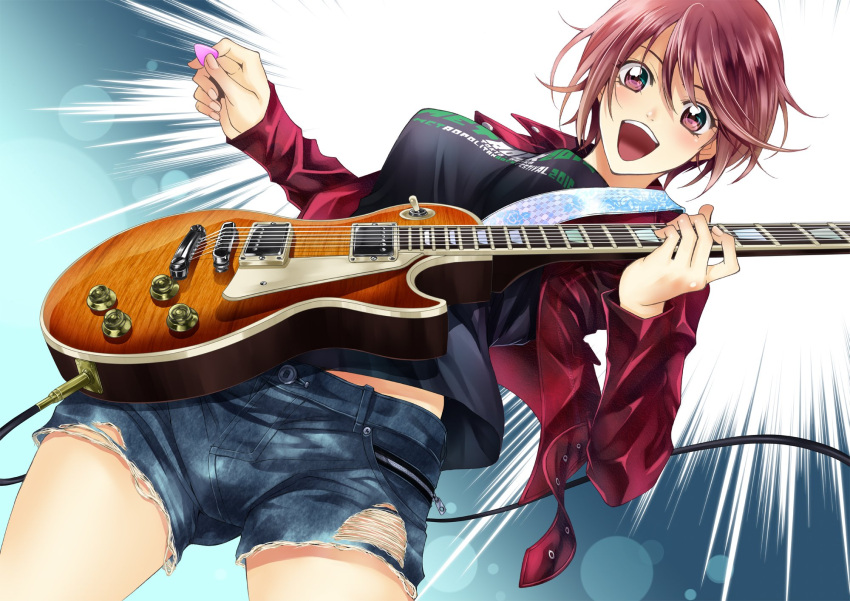 1girl :d alternate_hair_color aoi_fuuka black_shirt blue_shorts breasts brown_eyes brown_hair denim denim_shorts from_below fuuka guitar highres holding_instrument instrument jacket lens_flare looking_at_viewer looking_down medium_breasts open_clothes open_jacket open_mouth red_jacket seo_kouji shirt short_hair short_shorts shorts smile solo torn_clothes torn_shorts