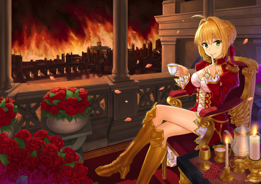 1girl ahoge armor armored_boots blonde_hair boots candle chair cityscape cleavage_cutout commentary_request cup dress epaulettes fate/extra fate_(series) fire flower goblet green_eyes hair_bun hair_intakes hair_ribbon holding holding_cup npcpepper petals red_dress red_ribbon ribbon rose saber_extra sitting solo