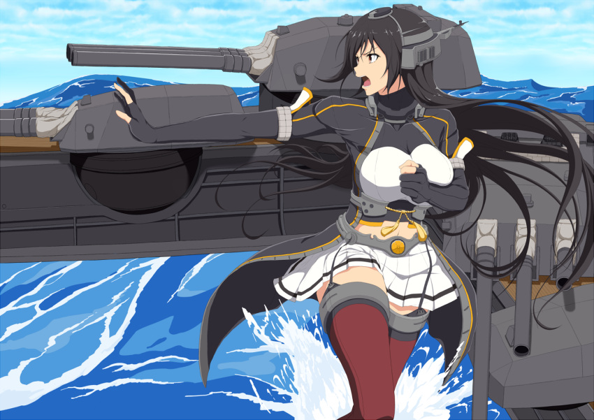 10s 1girl black_coat black_gloves black_hair breasts brown_eyes elbow_gloves framed_breasts gloves hamaguri_(hamaguri1234) headgear kantai_collection large_breasts looking_to_the_side miniskirt nagato_(kantai_collection) navel ocean partly_fingerless_gloves pleated_skirt red_legwear remodel_(kantai_collection) rigging skirt solo thigh-highs turret white_skirt zettai_ryouiki