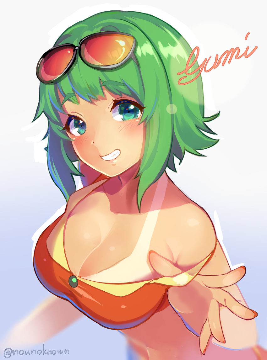 1girl absurdres aqua_eyes bangs bare_shoulders blurry blush breasts cleavage crop_top eyebrows_visible_through_hair fingernails goggles goggles_on_head gradient gradient_background green_hair grin gumi highres large_breasts long_fingernails looking_at_viewer nail_polish nou off_shoulder orange_goggles short_hair single_bare_shoulder smile solo spread_fingers tan tanline twitter_username undressing upper_body vocaloid