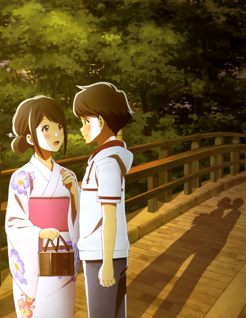 1boy 1girl absurdres azumi_kotarou black_eyes black_hair blush brown_eyes brown_hair couple grass highres japanese_clothes kimono kiss long_hair mizuno_akane night night_sky official_art open_mouth petals scenery shadow short_hair sky smile stairs tsuki_ga_kirei