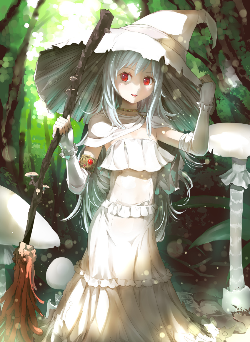1girl absurdres adjusting_clothes adjusting_hat amanita_virosa blush collarbone culter detached_sleeves eyebrows_visible_through_hair fingerless_gloves gloves hat highres long_hair long_sleeves looking_at_viewer mushroom open_mouth original personification red_eyes smile teeth white_gloves white_hair white_hat witch_hat