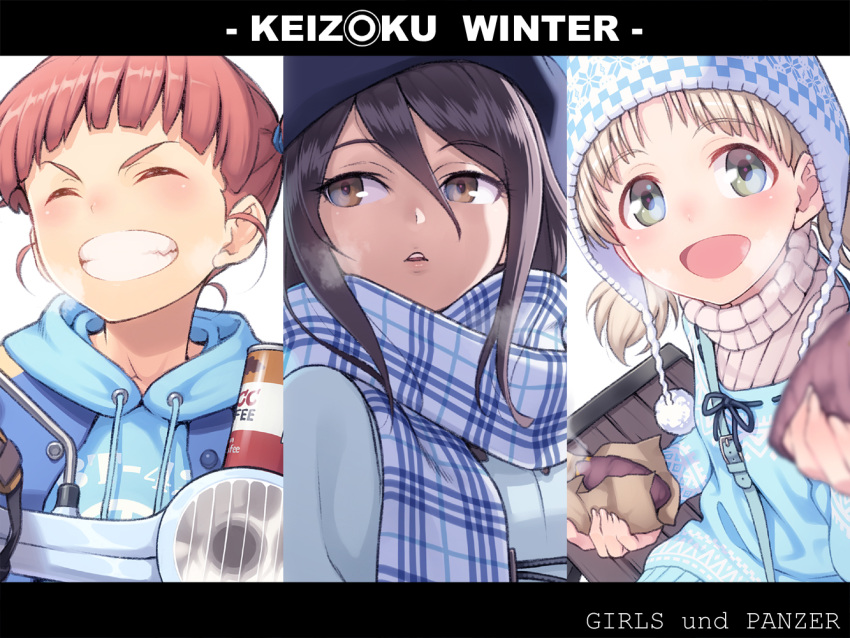 3girls aki_(girls_und_panzer) beret black_hair blonde_hair breath brown_eyes can closed_eyes food girls_und_panzer green_eyes grin hat hood hoodie long_hair mika_(girls_und_panzer) mikko_(girls_und_panzer) multiple_girls orange_hair pairan scarf short_hair short_twintails smile sweater sweet_potato turtleneck turtleneck_sweater twintails