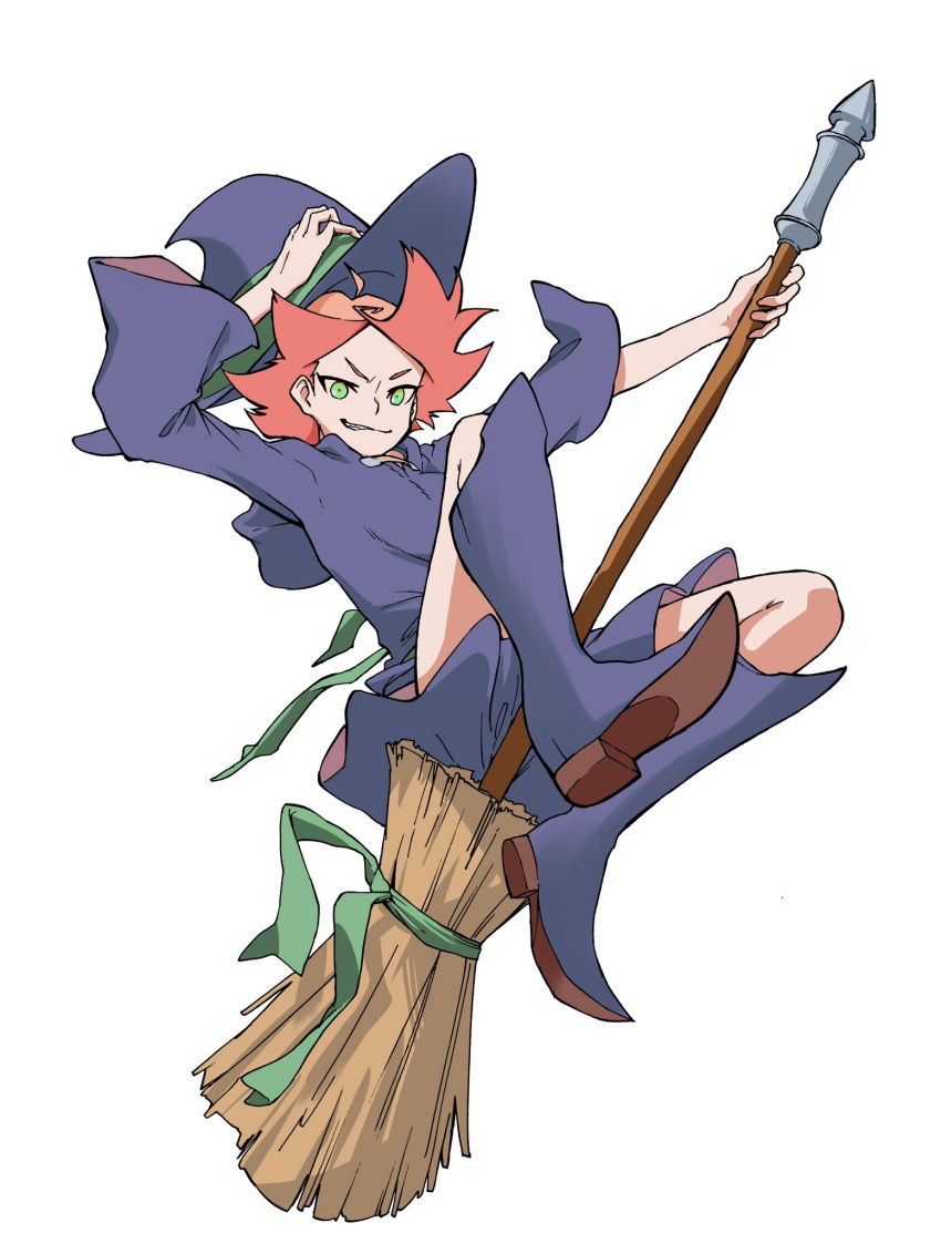 1girl amanda_o'neill broom dress green_eyes hat highres little_witch_academia long_hair multicolored_hair orange_hair short_hair skirt smile two-tone_hair witch witch_hat