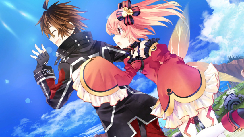 1boy 1girl alyn_(fairy_fencer_f) bare_shoulders blush brown_hair closed_eyes fairy_fencer_f fang_(fairy_fencer_f) frills game_cg official_art open_mouth red_eyes redhead skirt tsunako twintails