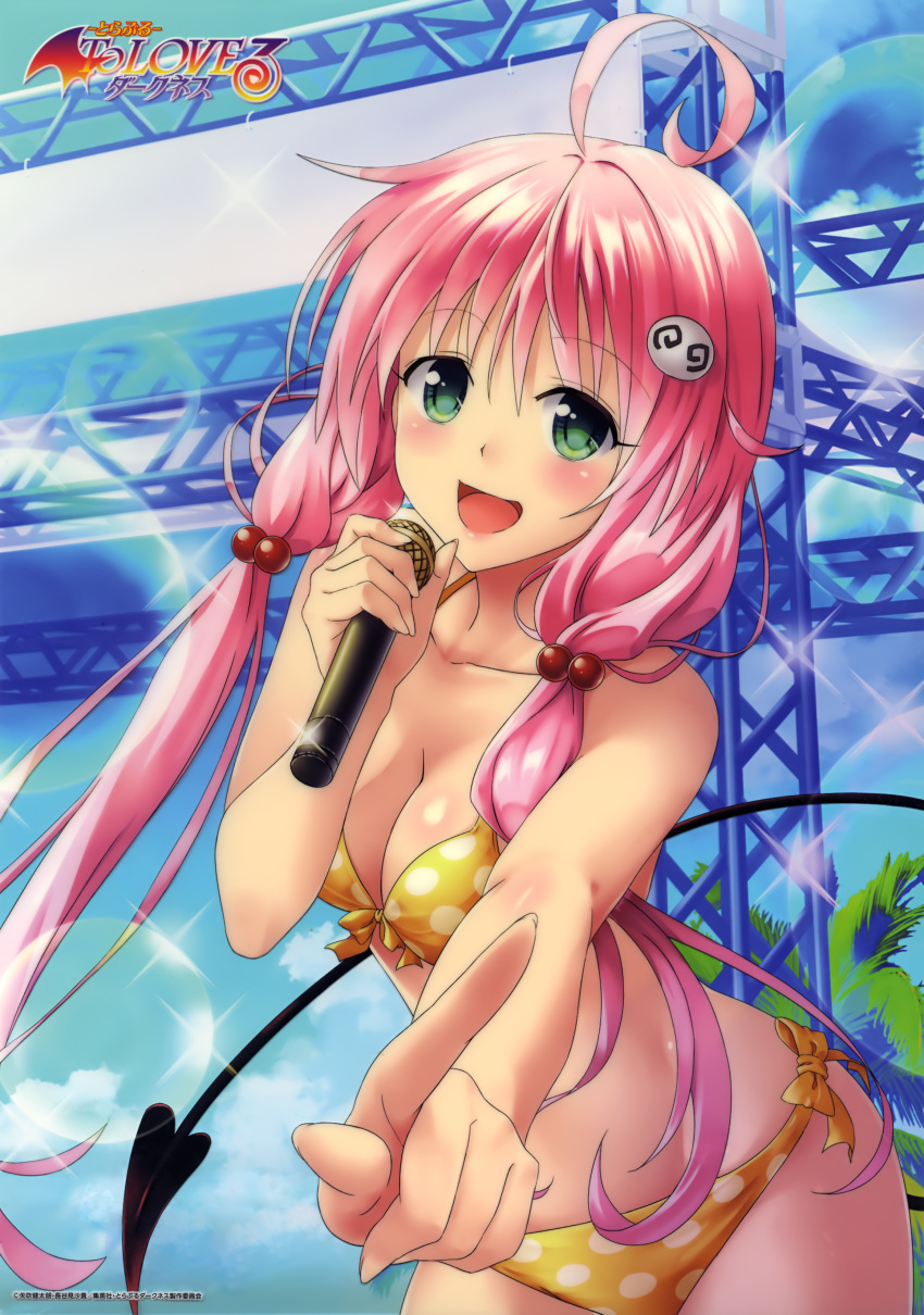 1girl :d absurdres ahoge bikini blush breasts cleavage collarbone copyright_name cowboy_shot day demon_tail green_eyes groin hair_ornament highres holding holding_microphone index_finger_raised lala_satalin_deviluke leaning_forward lens_flare long_hair looking_at_viewer medium_breasts microphone official_art open_mouth outdoors palm_tree pink_hair shiny shiny_skin side-tie_bikini smile solo sparkle standing swimsuit tail to_love-ru tree twintails very_long_hair yabuki_kentarou yellow_bikini