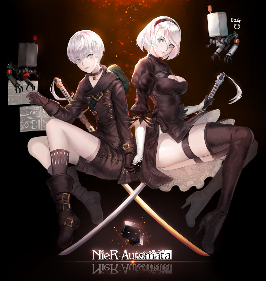 1boy 1girl black_gloves blue_eyes boots eyebrows_visible_through_hair gloves hairband high_heel_boots high_heels highres long_sleeves looking_at_viewer mole mole_under_mouth nier_(series) nier_automata puffy_short_sleeves puffy_sleeves short_hair short_sleeves thigh-highs thigh_boots ttaji_(pass35) white_hair yorha_no._2_type_b yorha_no._9_type_s
