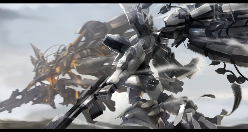 armored_core armored_core:_for_answer armored_core:_verdict_day feathers flying gun highres mecha mechanical mono_(jdaj) n-wgix/v no_humans rifle weapon white_glint