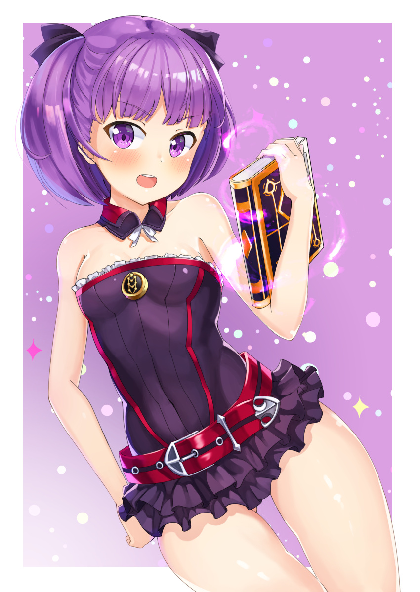 1girl 2drr absurdres bare_shoulders belt bob_cut book breasts fate/grand_order fate_(series) helena_blavatsky_(fate/grand_order) highres holding holding_book looking_at_viewer open_mouth purple_hair short_hair small_breasts smile solo tree_of_life violet_eyes