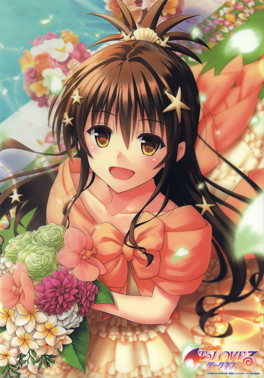 1girl :d absurdres bouquet brown_hair collarbone copyright_name dress flower from_above green_flower hair_ornament highres holding holding_bouquet layered_dress long_hair looking_at_viewer official_art open_mouth orange_dress red_flower smile solo standing star star_hair_ornament to_love-ru very_long_hair wedding_dress white_flower yabuki_kentarou yellow_eyes yuuki_mikan
