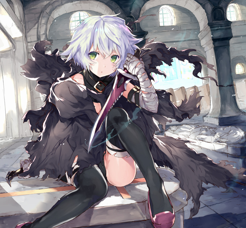 1girl abusoru assassin_of_black bandage bandaged_arm belt black_legwear black_panties cape dagger dual_wielding fate/apocrypha fate_(series) green_eyes highres holding holding_weapon looking_at_viewer panties scar short_hair silver_hair sitting solo thigh-highs torn_clothes underwear weapon window