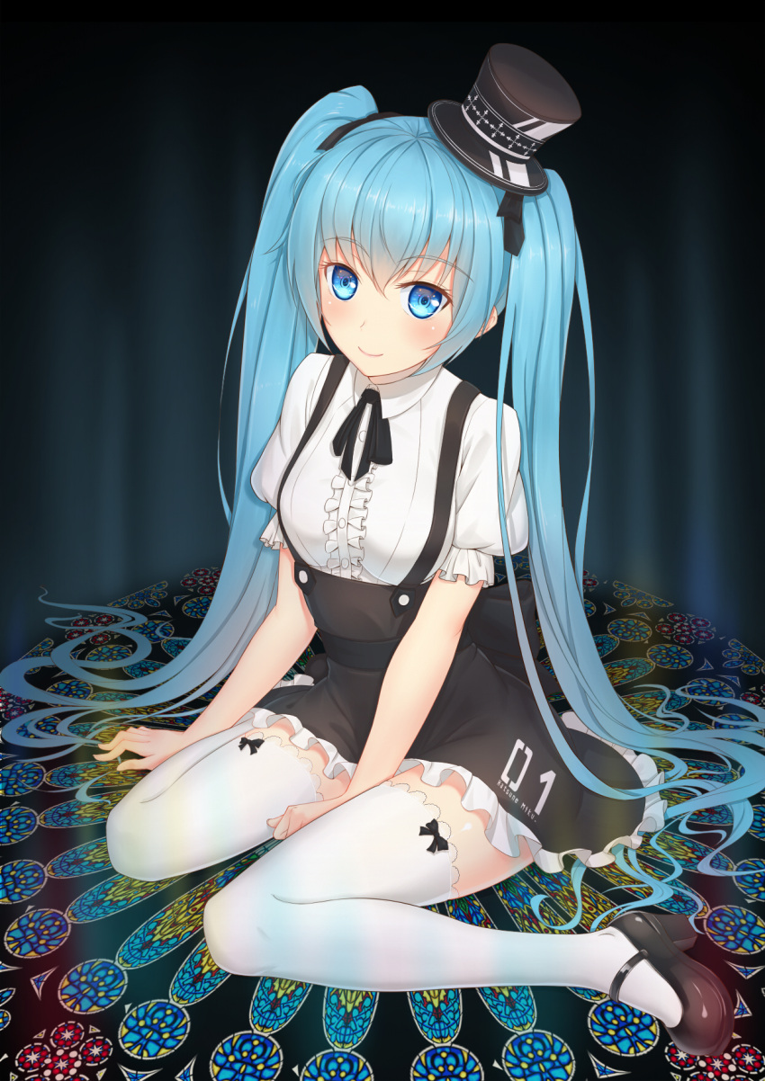 1girl anarchojs blue_eyes blue_hair dress full_body hat hatsune_miku high_heels highres long_hair looking_at_viewer mini_hat mini_top_hat sitting smile solo top_hat twintails very_long_hair vocaloid wariza white_legwear