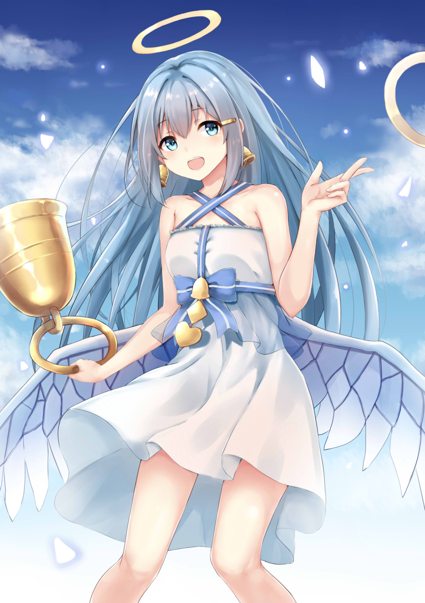 1girl absurdres angel_wings bell bellringer_angel blue_bow blue_eyes blue_hair blue_ribbon blush bow criss-cross_halter earrings eyebrows_visible_through_hair hair_ornament hairclip halo halterneck highres jewelry long_hair looking_at_viewer open_mouth ribbon shadowverse smile solo wings ym_(distance819)