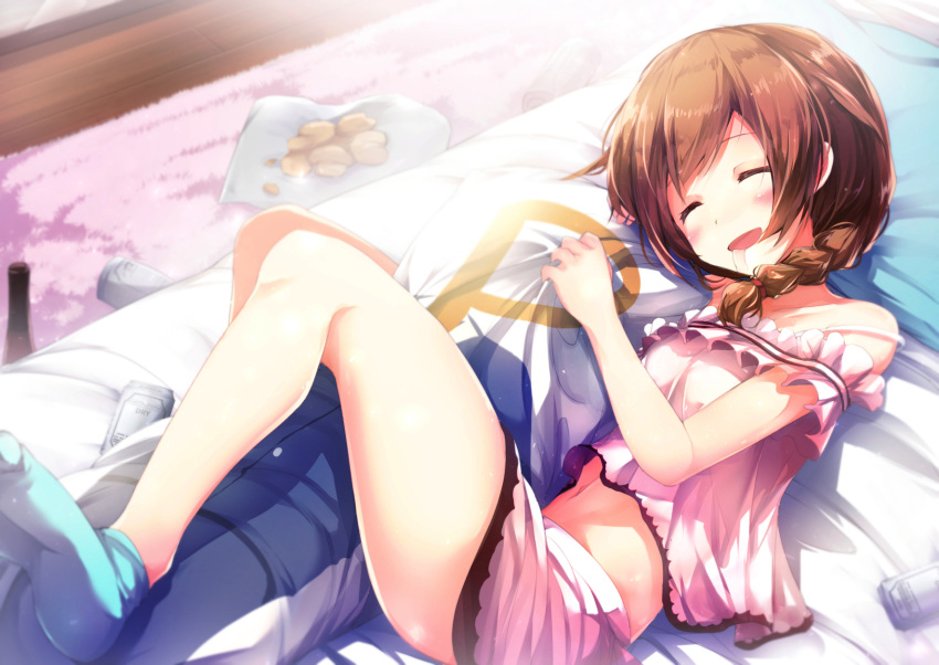 1girl asahi_breweries baba_konomi beer_can blush braid brown_hair can chips closed_eyes dakimakura_(object) food hair_over_shoulder highres idolmaster idolmaster_million_live! long_hair navel on_bed open_mouth p-head_producer pillow potato_chips ro_risu saliva single_braid sleeping solo