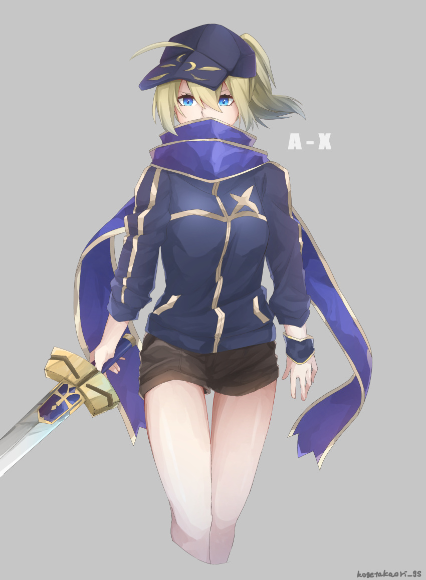 1girl absurdres ahoge bare_legs baseball_cap blonde_hair blue_eyes blue_jacket fate/grand_order fate_(series) grey_background hat heroine_x highres holding holding_sword holding_weapon jacket kogeta_kaori looking_at_viewer saber_(fate) scarf shorts solo sword track_jacket twitter_username weapon