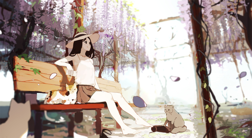 1girl barefoot bench black_eyes black_hair cat cellphone flower hat holding holding_phone jiayue_wu leaf long_hair multiple_cats nature original outdoors phone pleated_skirt sitting skirt smartphone smile solo sun_hat sunlight wisteria