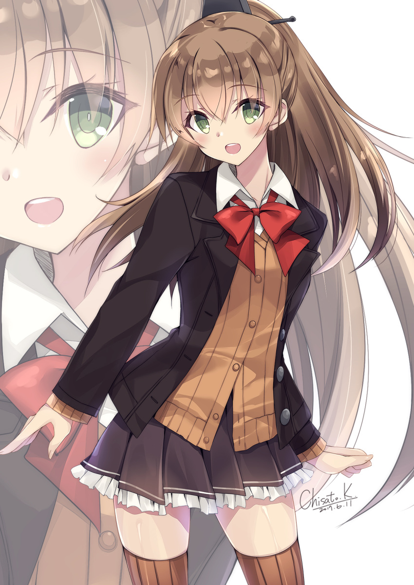 10s 1girl artist_name bow bowtie brown_blazer brown_hair brown_jacket brown_legwear brown_skirt collared_shirt dated frilled_skirt frills green_eyes hair_ornament highres kantai_collection kobayashi_chisato kumano_(kantai_collection) long_sleeves looking_at_viewer open_mouth pleated_skirt ponytail red_bow red_bowtie remodel_(kantai_collection) shirt simple_background skirt solo thigh-highs upper_body white_background white_shirt zoom_layer