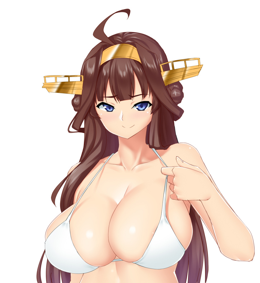10s 1girl blue_eyes breasts brown_hair cleavage highres kantai_collection kongou_(kantai_collection) large_breasts long_hair looking_at_viewer mokkori9 sagging_breasts simple_background smile solo swimsuit upper_body white_background