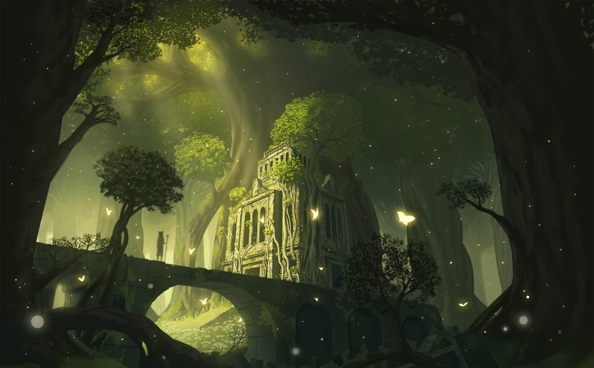 1girl animal_ears bridge building butterfly doora_(dora0913) dress fantasy forest glowing glowing_butterfly green highres light_particles nature original overgrown revision ruins scenery silhouette solo staff stairs sunlight tree yellow