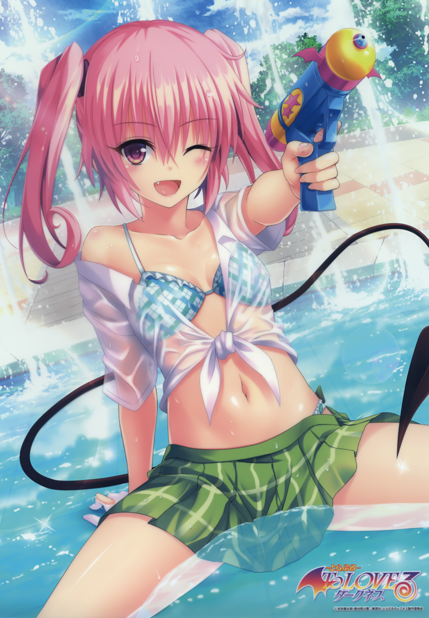 1girl ;d absurdres arm_support bikini blue_bikini_top blush breasts cleavage collarbone copyright_name day demon_tail dutch_angle fang frilled_bikini frills green_skirt gun highres holding holding_gun holding_weapon long_hair looking_at_viewer midriff miniskirt nana_asta_deviluke navel official_art one_eye_closed open_mouth outdoors pink_eyes pink_hair pleated_skirt see-through shirt sitting skirt small_breasts smile solo stomach swimsuit tail tied_shirt to_love-ru twintails water_gun weapon wet wet_clothes wet_shirt white_shirt yabuki_kentarou