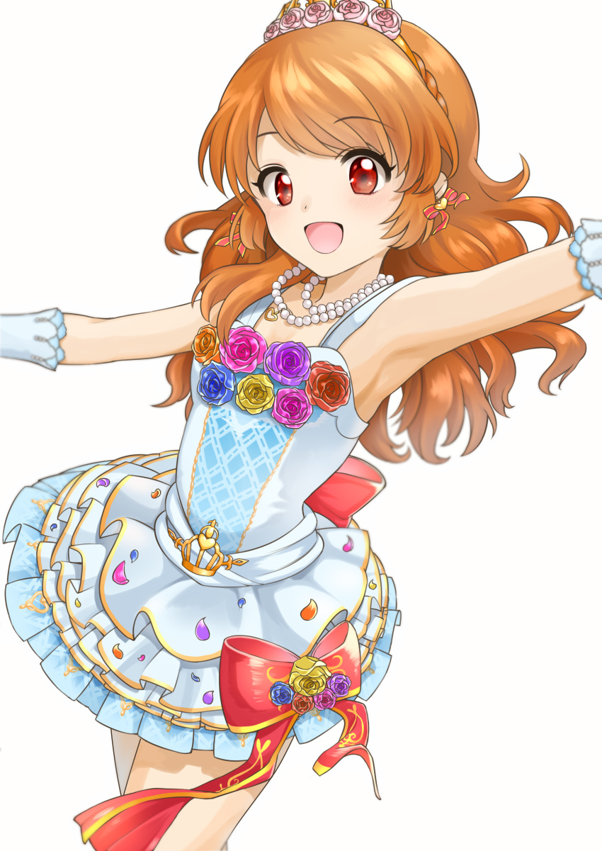1girl absurdres aikatsu! alternate_costume alternate_hairstyle armpits bare_shoulders blush bow brown_hair commentary_request daifuki dress gloves highres jewelry long_hair looking_at_viewer necklace oozora_akari open_mouth out_of_frame outstretched_arms red_eyes smile solo tiara white_gloves