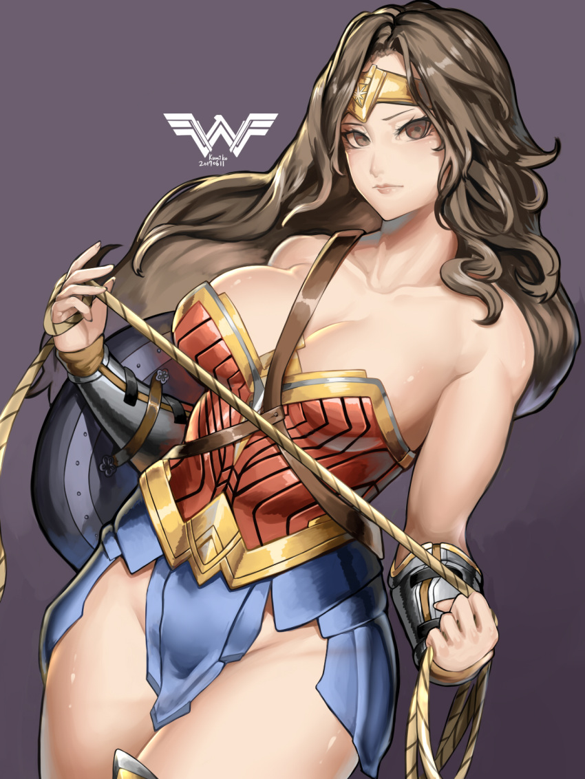 1girl artist_name bare_shoulders blue_skirt bracer breasts brown_eyes brown_hair cleavage closed_mouth collarbone commentary dated dc_comics dutch_angle highres holding_rope kumiko_shiba large_breasts lasso leotard lips long_hair looking_at_viewer purple_background rope shield simple_background skirt solo standing superhero thighs tiara wonder_woman
