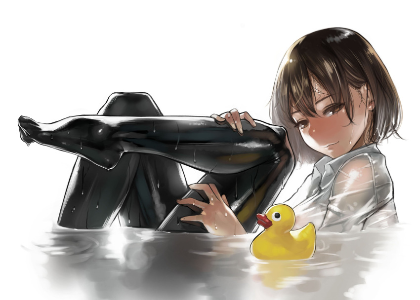 1girl bent_knees black_legwear blouse brown_eyes brown_hair from_side hair_between_eyes highres leg_grab leg_lift lips looking_at_viewer original pantyhose partially_submerged see-through shiny shiny_clothes short_hair simple_background water wet wet_clothes wet_pantyhose white_blouse yomu_(sgt_epper)
