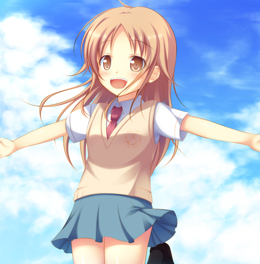 1girl :d black_legwear blush brown_eyes brown_hair clouds day highres legs long_hair miyamoto_konatsu necktie open_mouth outstretched_arms psyche3313 revision school_uniform skirt sky smile socks spread_arms sweater_vest tari_tari