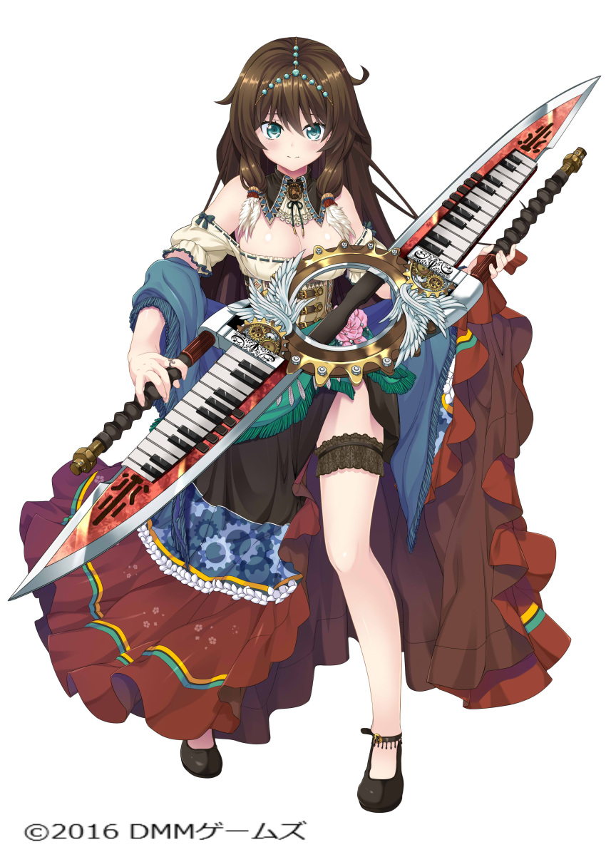 1girl absurdres aqua_eyes bare_shoulders blush breasts brown_hair character_request cleavage corset dmm full_body garters highres instrument legs lifted_by_self long_hair looking_at_viewer medium_breasts off_shoulder piano_keys shirt shoes side_slit skirt skirt_lift smile solo source_request standing sword weapon yone_(qtron)