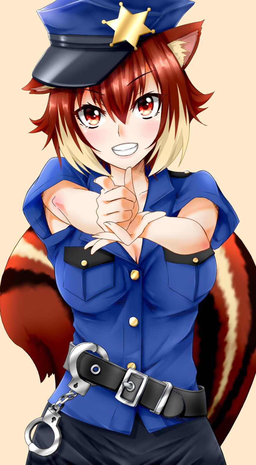 animal_ears belt blazblue blush breasts brown_hair chukachuka cleavage cuffs grin handcuffs highres large_breasts looking_at_viewer makoto_nanaya multicolored_hair orange_eyes pointing pointing_at_viewer police police_uniform short_hair simple_background skirt smile squirrel_ears squirrel_tail tail two-tone_hair uniform