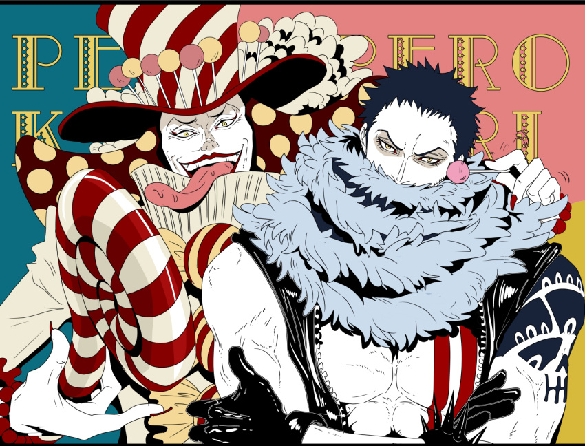 2boys abs arm_around_neck bare_arms bare_chest bare_shoulders biceps biliken black_hair brothers candy candy_cane character_name charlotte_katakuri charlotte_perospero chest covered_mouth crossed_arms evil_smile fingernails food gloves hat high_collar holding holding_lollipop latex latex_gloves lollipop long_fingernails long_sleeves long_tongue looking_at_viewer male_focus manly multiple_boys muscle nail_polish no_shirt one_piece open_clothes open_mouth open_vest polka_dot red_nails scar scarf serious sharp_fingernails shiny shiny_clothes short_hair siblings sleeveless smile spikes stitches sweets tattoo tongue top_hat unzipped upper_body very_short_hair vest white_skin yellow_eyes