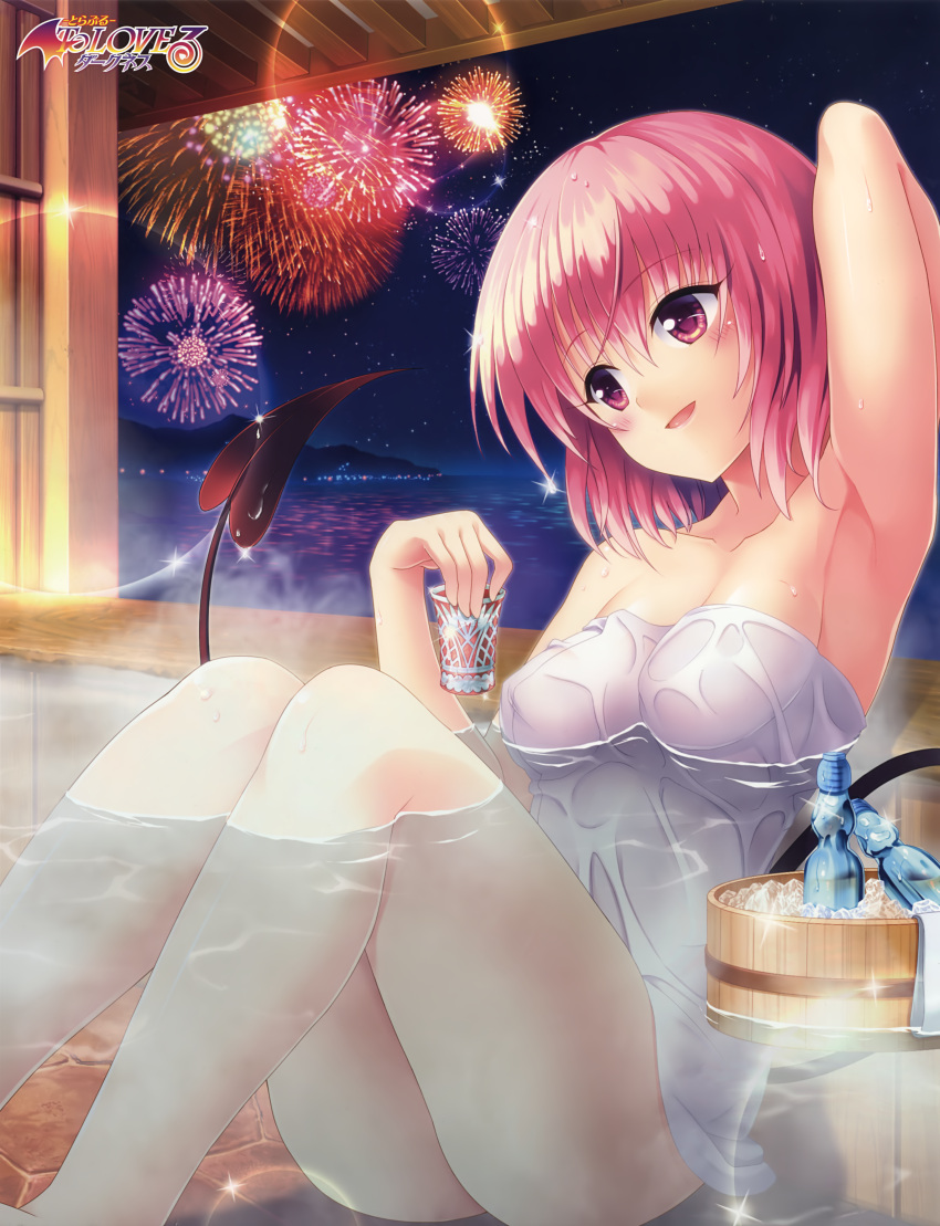 1girl absurdres arm_up armpits ass bath bathing blush breasts bucket collarbone cup demon_tail diffraction_spikes drink eyebrows_visible_through_hair fireworks highres huge_filesize ice lens_flare medium_breasts momo_velia_deviluke naked_towel night official_art onsen open_mouth partially_submerged pink_eyes pink_hair short_hair smile solo steam tail to_love-ru to_love-ru_darkness towel water wet yabuki_kentarou