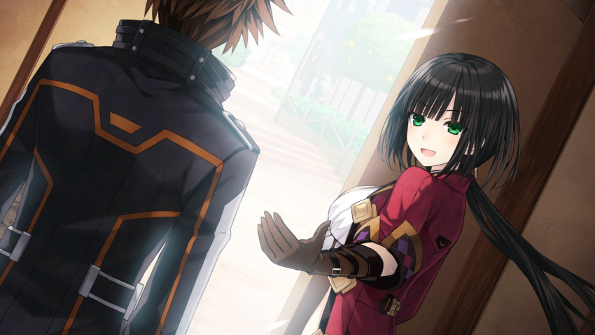 1girl black_hair blush breasts fairy_fencer_f fang_(fairy_fencer_f) from_behind game_cg green_eyes harler long_hair official_art open_mouth outstretched_arm outstretched_hand smile tsunako