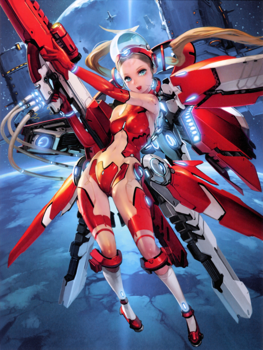 1girl absurdres blonde_hair bodysuit breasts brown_hair gun highres lights long_hair mecha_musume mechanical_wings navel original planet smile solo space tagme takayama_toshiaki twintails weapon wings