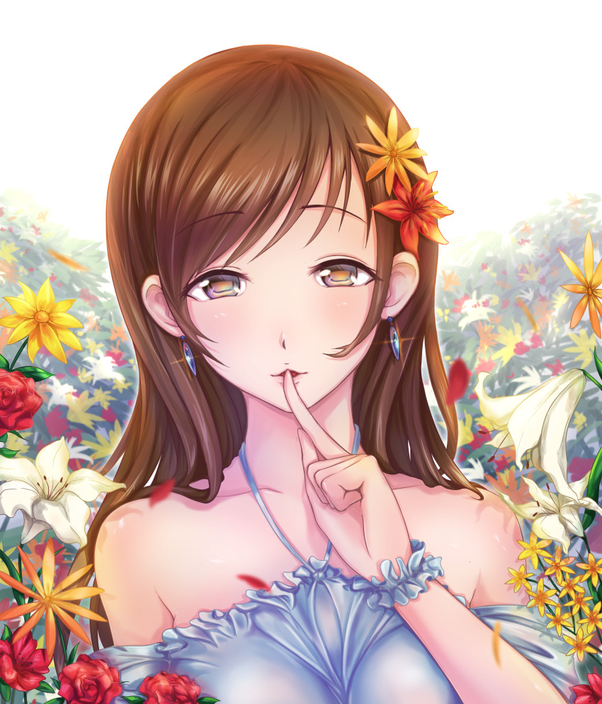 1girl alternate_costume amei_(a6872554) bare_shoulders brown_eyes brown_hair commentary_request earrings finger_to_mouth flower hair_flower hair_ornament highres idolmaster idolmaster_cinderella_girls idolmaster_cinderella_girls_starlight_stage index_finger_raised jewelry long_hair looking_at_viewer nitta_minami off_shoulder shushing solo upper_body