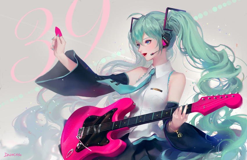 1girl 39 artist_name bracelet dadachyo detached_sleeves electric_guitar green_eyes green_hair guitar hatsune_miku headset instrument jewelry long_hair nail_polish necktie open_mouth plectrum solo twintails very_long_hair vocaloid