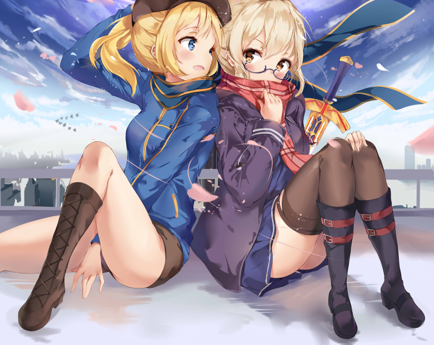 2girls absurdres arm_up between_legs bird black_boots black_hat black_jacket black_legwear black_shorts blonde_hair blue_eyes blue_jacket blue_scarf blue_shirt blue_skirt boots cherry_blossoms clouds day excalibur fate/grand_order fate_(series) full_body glasses hair_between_eyes hand_between_legs hand_on_own_knee hat heroine_x heroine_x_(alter) highres jacket long_hair miniskirt multiple_girls open_mouth ponytail red_scarf saber scarf school_uniform serafuku shirt short_hair short_shorts shorts silver_hair sitting skirt suigetsu_(hjs1106) sword thigh-highs weapon