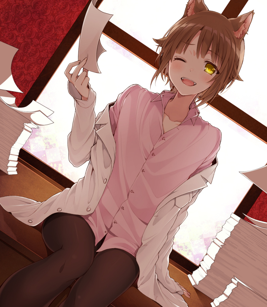 1boy animal_ears bangs black_legwear brown_hair cat_ears chisumi collared_shirt dress_shirt dutch_angle eyebrows_visible_through_hair hair_flaps highres holding holding_paper indoors jacket looking_at_viewer male_focus open_clothes open_jacket open_mouth original pantyhose paper paper_stack pink_shirt shirt sidelocks sitting smile solo teeth trap window yellow_eyes