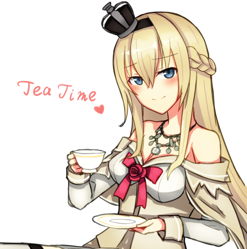 10s 1girl blonde_hair blue_eyes braid breasts crown cup dress french_braid hair_between_eyes heart highres holding holding_cup jewelry kantai_collection long_hair long_sleeves medium_breasts mini_crown necklace off-shoulder_dress off_shoulder simple_background smile solo teacup warspite_(kantai_collection) white_background white_dress yuubokumin