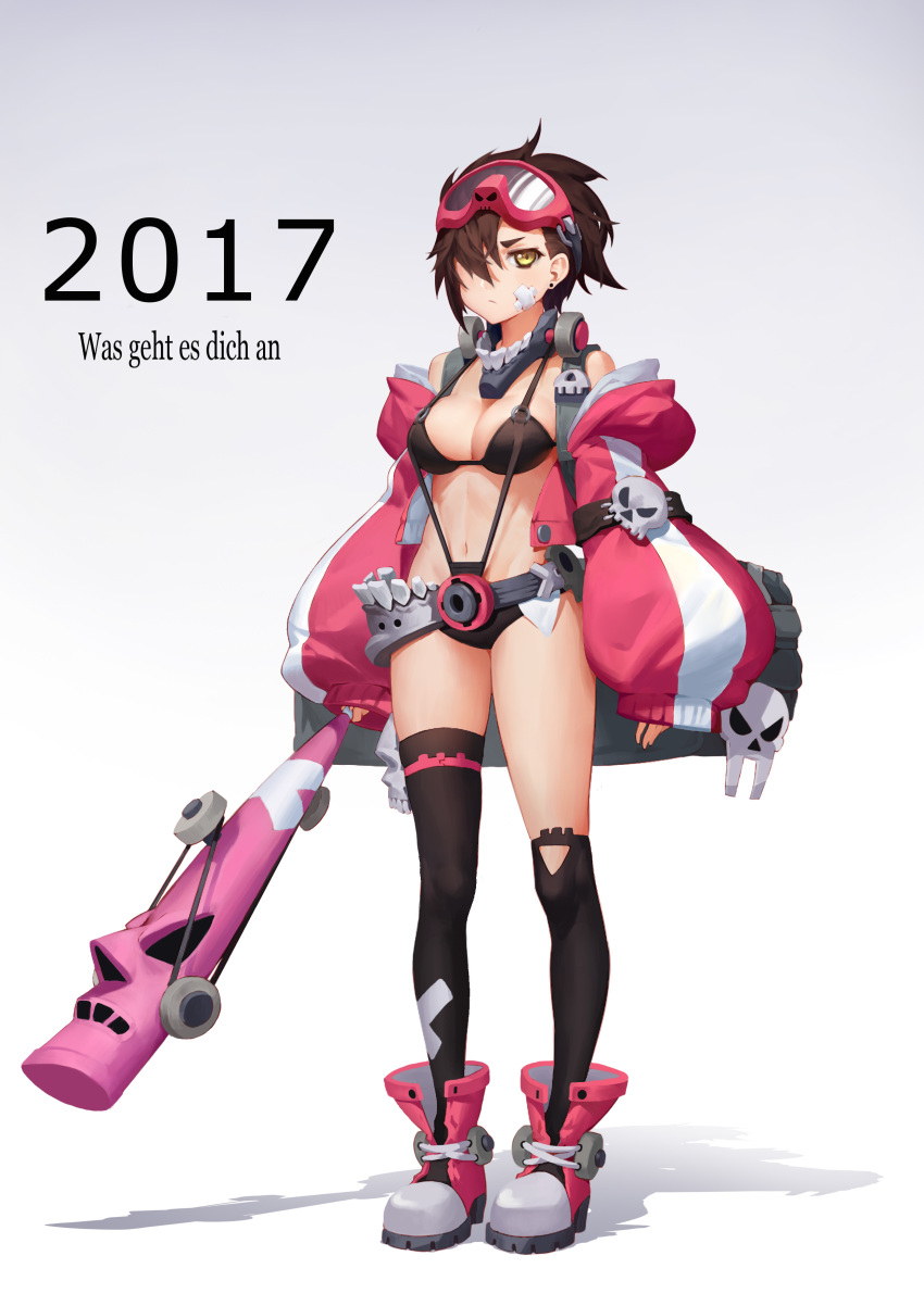 1girl 2017 absurdres bandaid bandaid_on_face bangs bat bikini black_bikini breasts brown_hair chunrijun_(springer) cleavage closed_mouth coat crossed_bandaids earrings full_body goggles goggles_on_head hair_over_one_eye highres holding holding_weapon jewelry legs_apart looking_at_viewer medium_breasts mismatched_legwear navel open_clothes open_coat original over-kneehighs shadow short_hair single_over-kneehigh single_thighhigh skull solo standing stud_earrings swimsuit thigh-highs weapon yellow_eyes